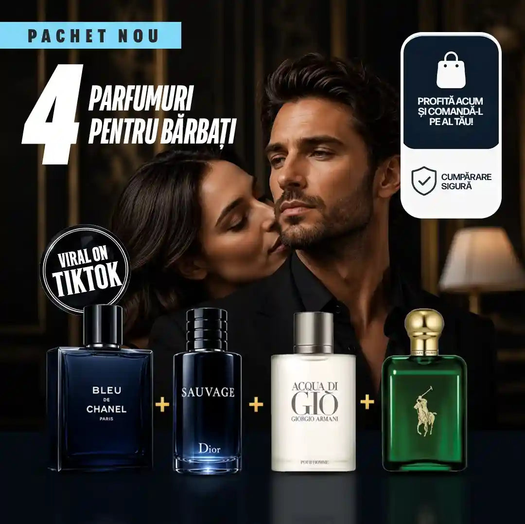 4 PARFUMURI LA PREȚ DE 1! Plătești 1 și primești 4 — set premium cu Bleu de Chanel, Sauvage, Acqua di Giò și Polo Green, fiecare de 100 ml