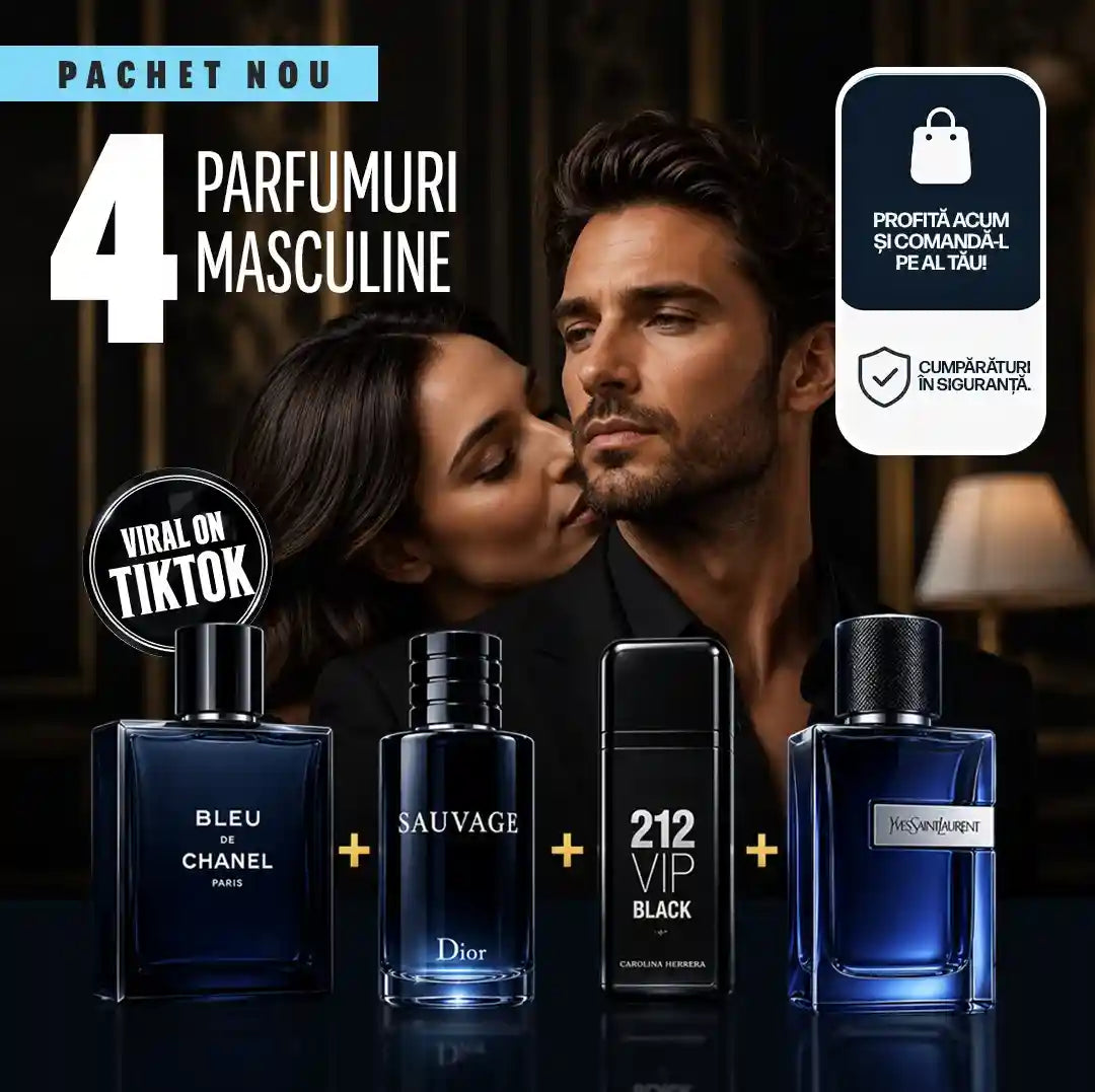 PLĂTEȘTI 1, PRIMEȘTI 4! — Pachet premium de parfumuri pentru bărbați cu Bleu de Chanel, Sauvage, YSL Y și 212 VIP Black, 100 ml fiecare