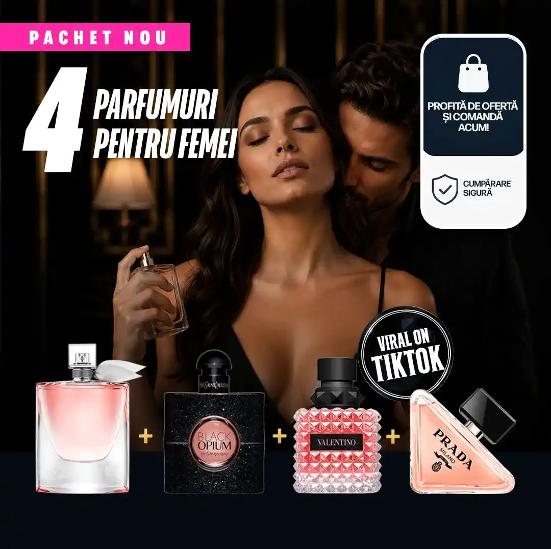 4 PARFUMURI LA PREȚ DE 1! Plătești 1 și primești 4 — set premium cu Lancôme La Vie Est Belle, YSL Black Opium, Valentino Donna Born In Roma și Prada Paradoxe, fiecare de 100 ml