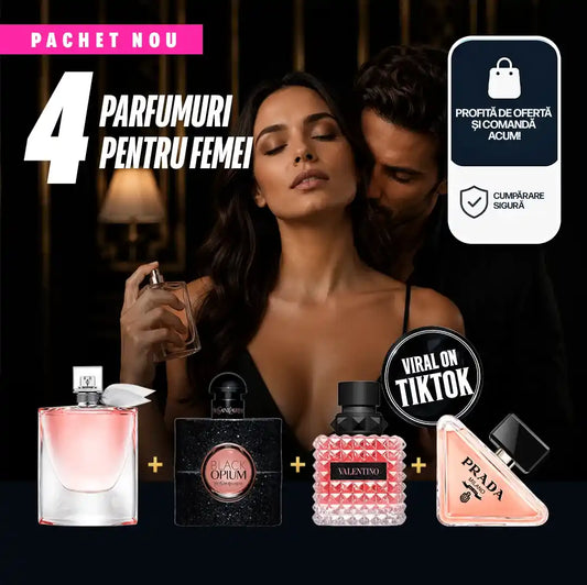 4 PARFUMURI LA PREȚ DE 1! Plătești 1 și primești 4 — set premium cu Lancôme La Vie Est Belle, YSL Black Opium, Valentino Donna Born In Roma și Prada Paradoxe, fiecare de 100 ml