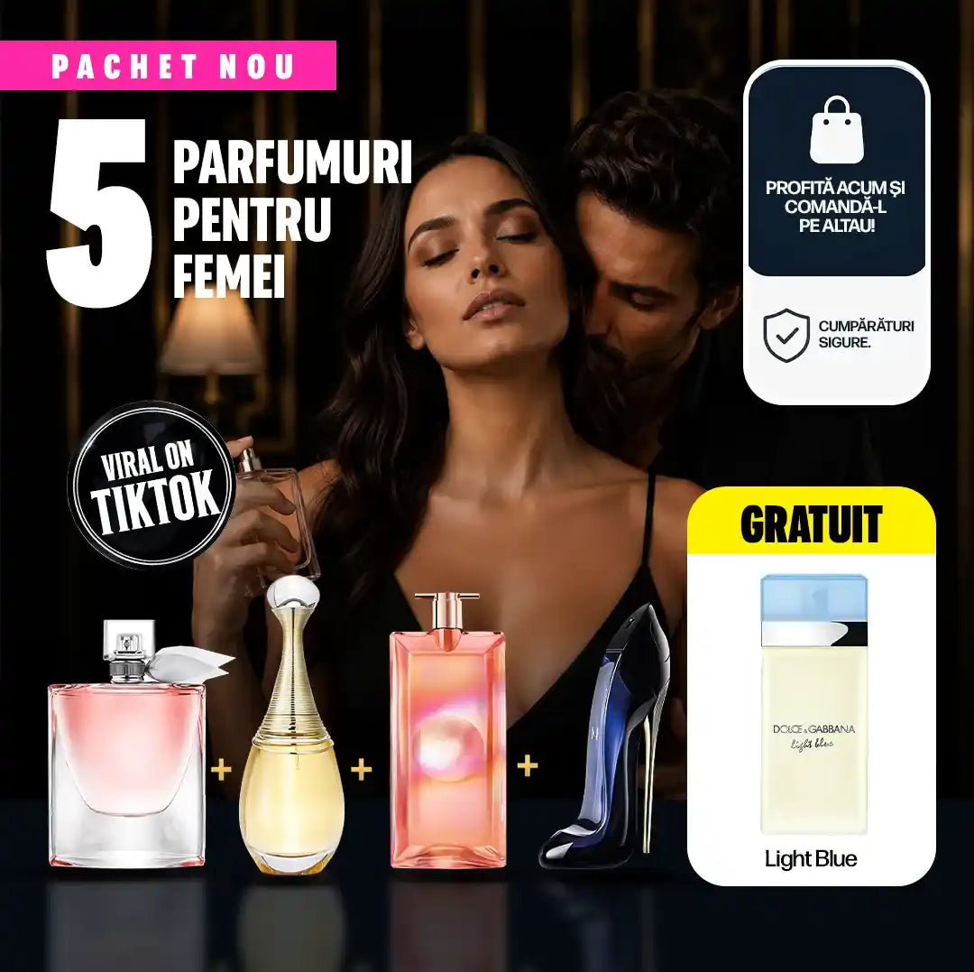 5 PARFUMURI LA PREȚ DE 1! Plătești 1 și primești 4 + 1 parfum GRATUIT — Pachet Premium cu La Vie Est Belle, J’adore, Idôle și Good Girl + Light Blue 50 ml GRATUIT, parfumul verii