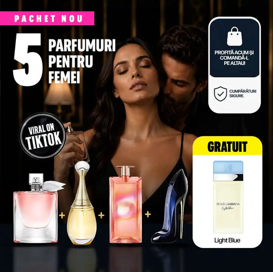 5 PARFUMURI LA PREȚ DE 1! Plătești 1 și primești 4 + 1 parfum GRATUIT — Pachet Premium cu La Vie Est Belle, J’adore, Idôle și Good Girl + Light Blue 50 ml GRATUIT